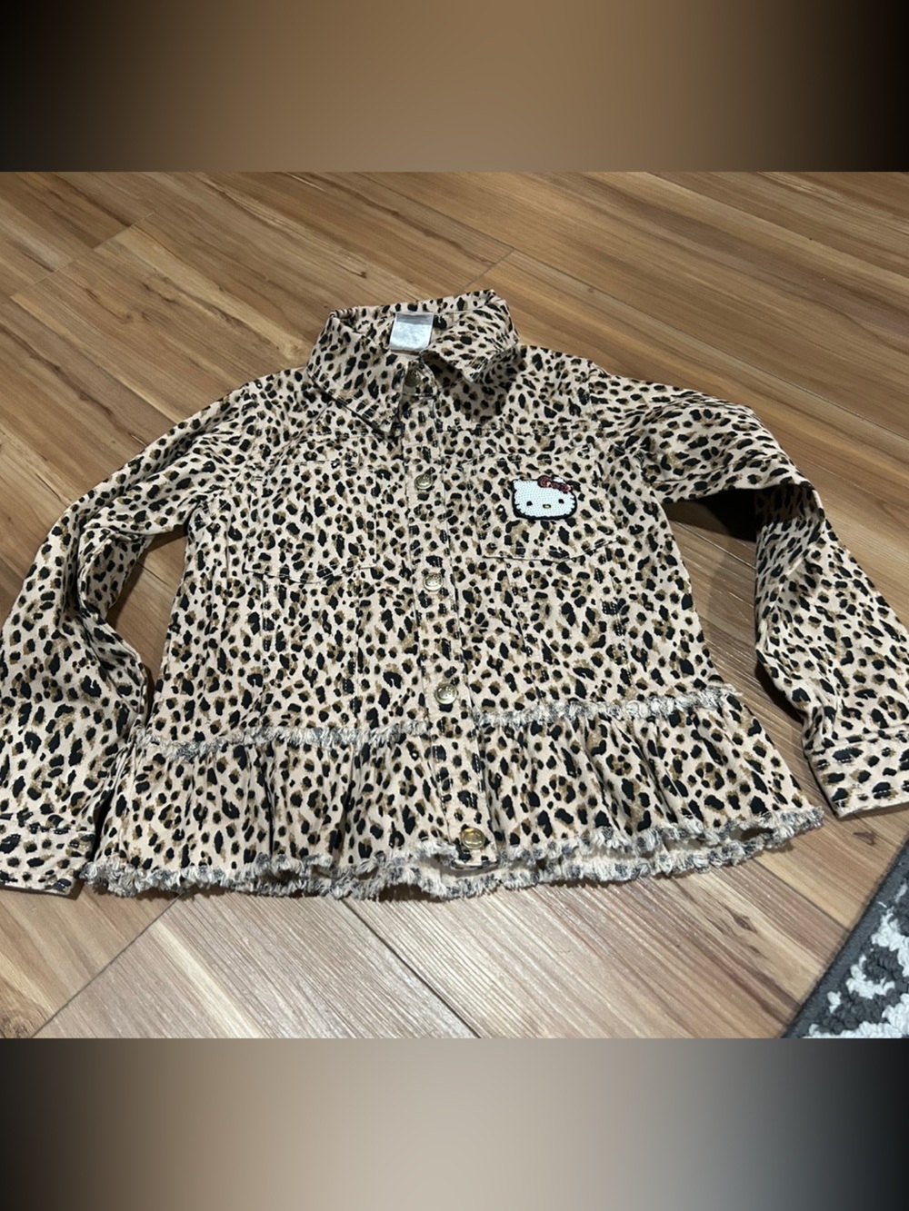 Hello Kitty Leopard Print Ruffle Hem Jean Jacket Size 7